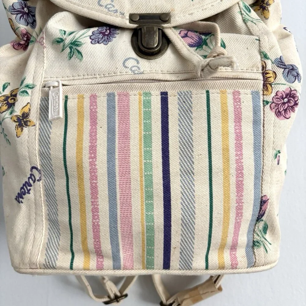 Carter’s Vintage Canvas Drawstring Backpack Cream Floral and Stripe Pattern